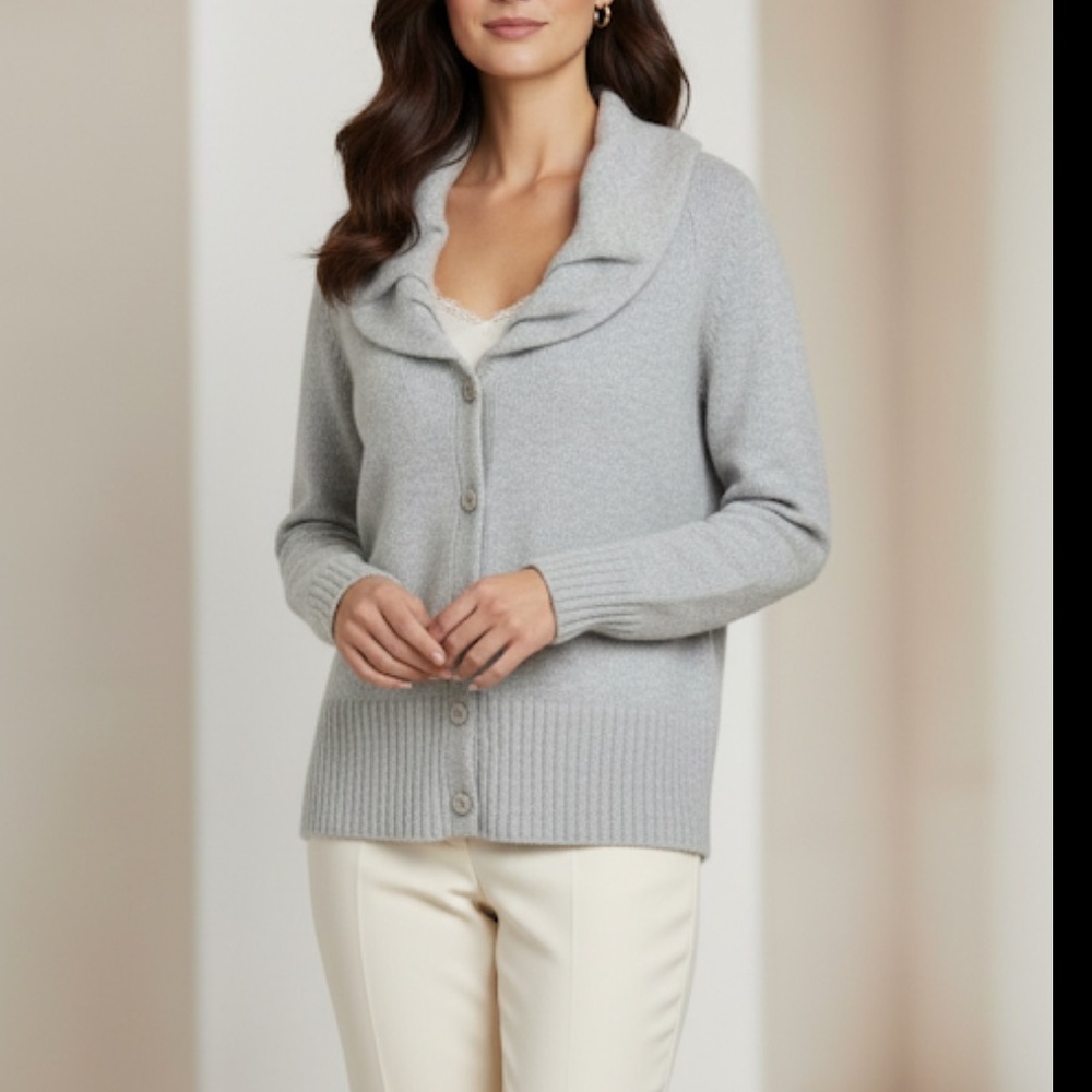 Marina Luna Light Gray Lambs Angora Wool Button Front Cardigan Size M Classic